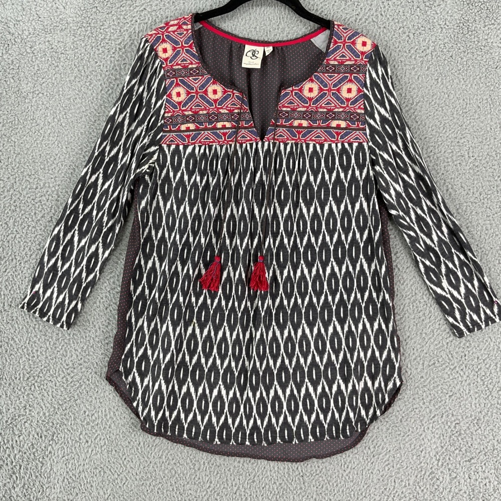 One September Tunic Women XL Black Anthropology Peasant Boho Embroidered Tassel